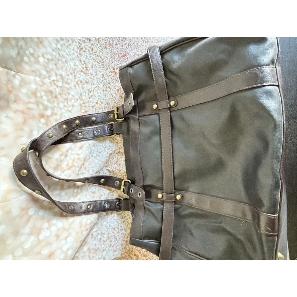 Bueno Black Brown‎ Distressed Vegan Leather Tote Bag Gold Turn Lock Satchel